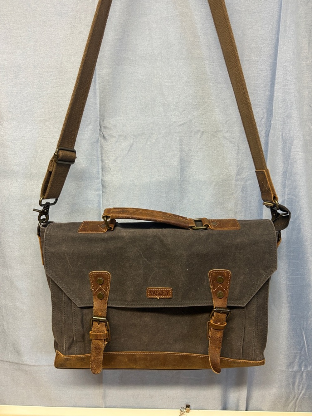 VASCHY Canvas Messenger Bag with Leather Trim - Brown